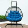 Leisuremod Wicker 2 Person Double Folding Hanging Egg Swing Chair with Blue Cushions ESCF52BU